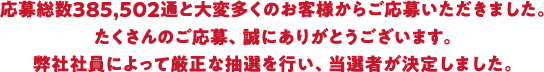 応募総数385，502通と大変多くのお客様からご応募いただきました。たくさんのご応募、誠にありがとうございます。弊社社員によって厳正な抽選を行い、当選者が決定しました。